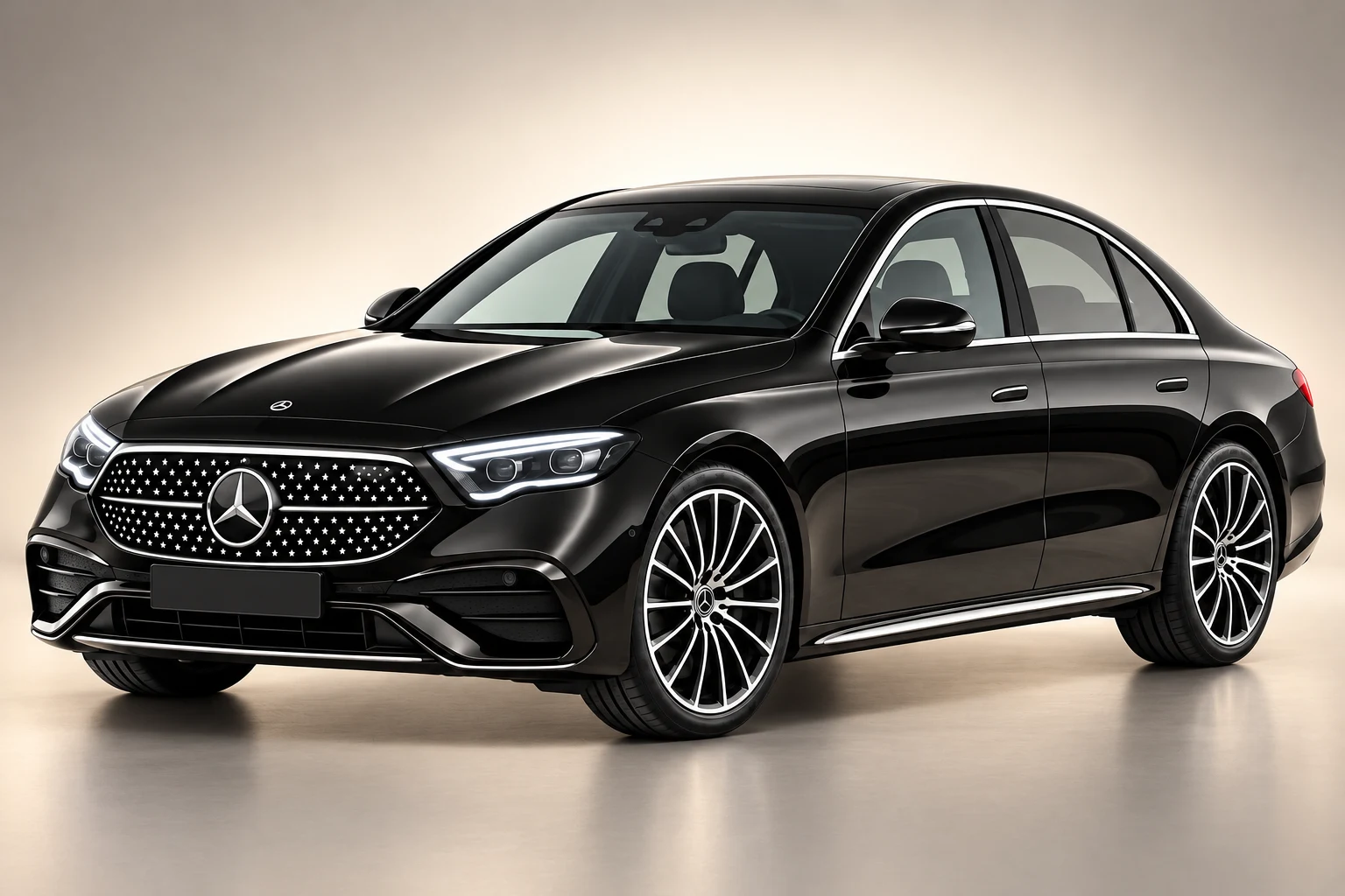Black Mercedes-Benz E-Class Saloon on a warm studio gradient
