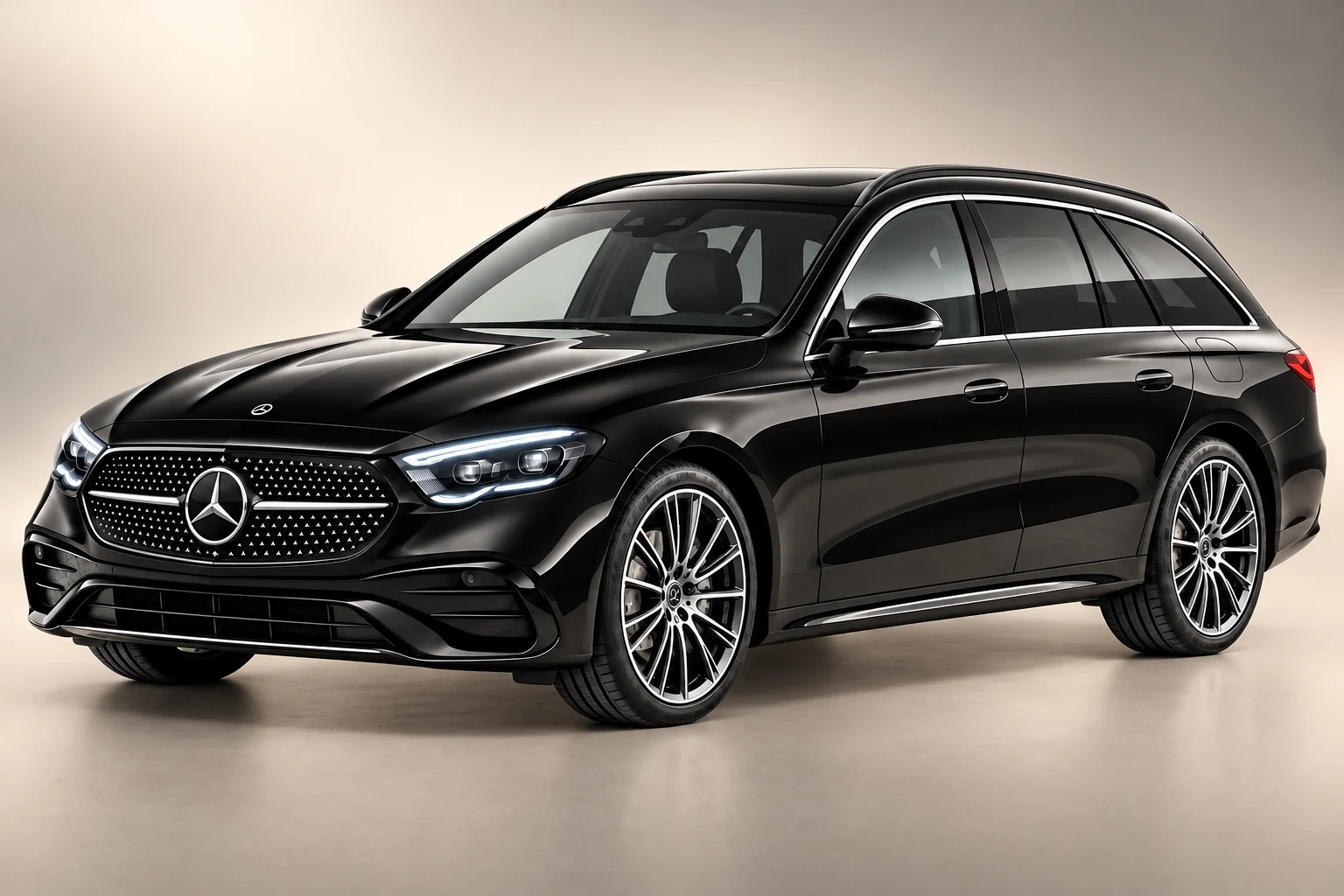 Black Mercedes-Benz E-Class Estate on a warm studio gradient