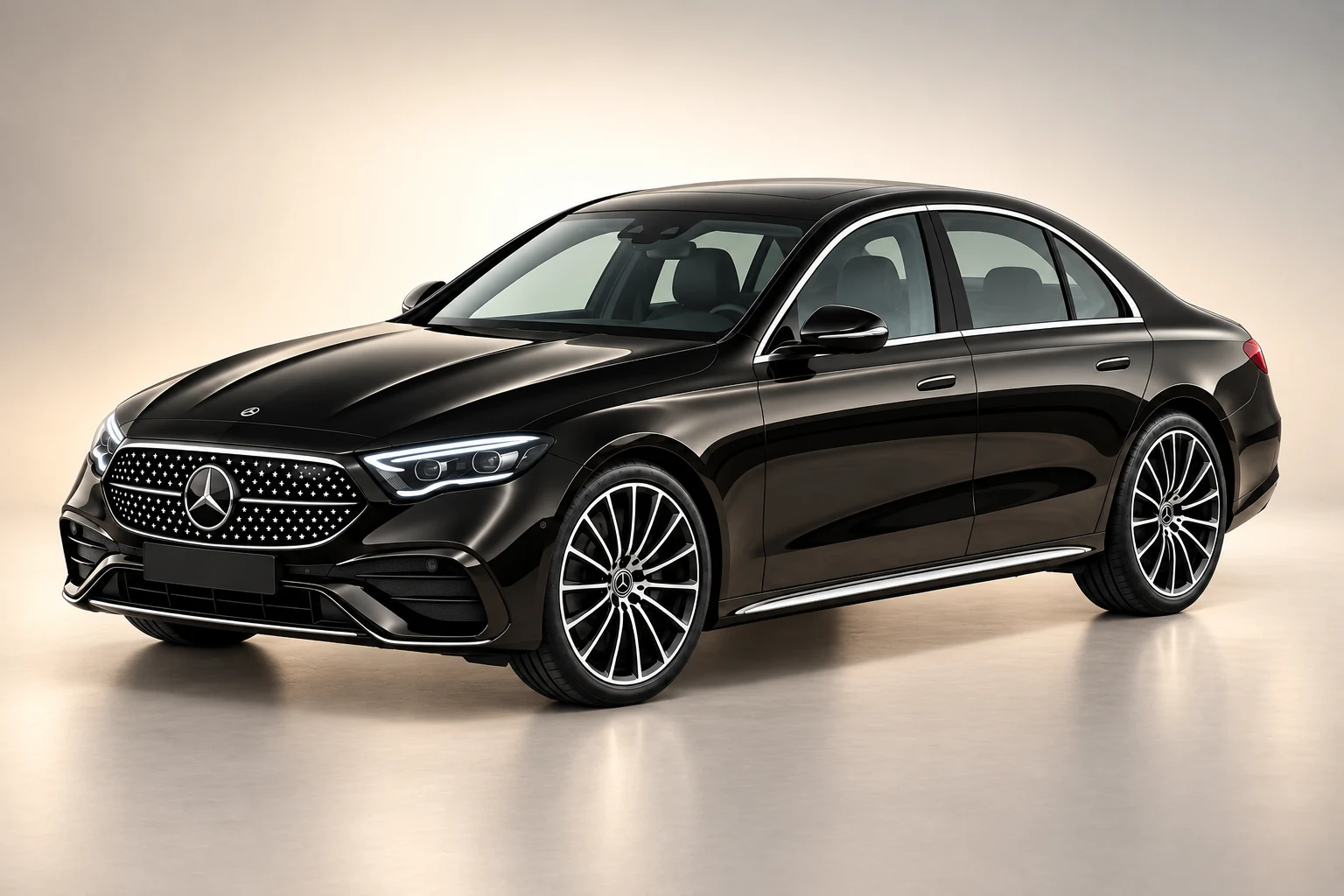 Black Mercedes-Benz E-Class Saloon on a warm studio gradient