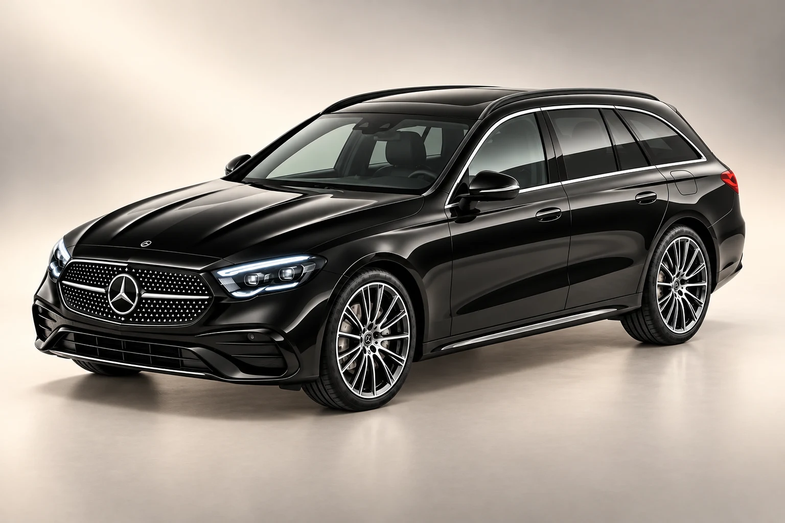 Black Mercedes-Benz E-Class Estate on a warm studio gradient