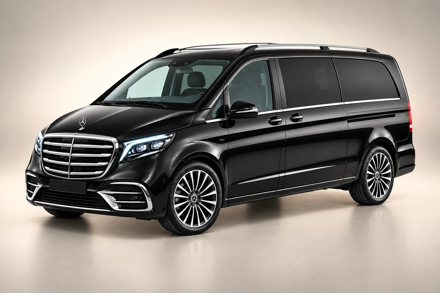 Black Mercedes-Benz V-Class on a warm studio gradient