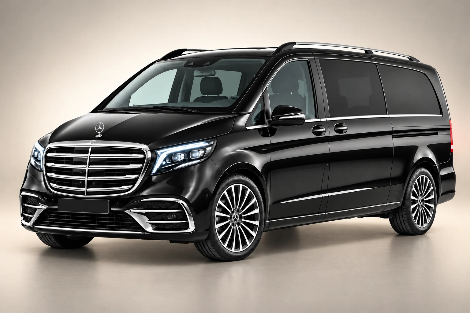 Black Mercedes-Benz V-Class on a warm studio gradient